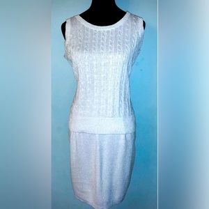 Vintage Sparkly Liz Claiborne Silver Sleeveless Sweater Top and Skirt Set M